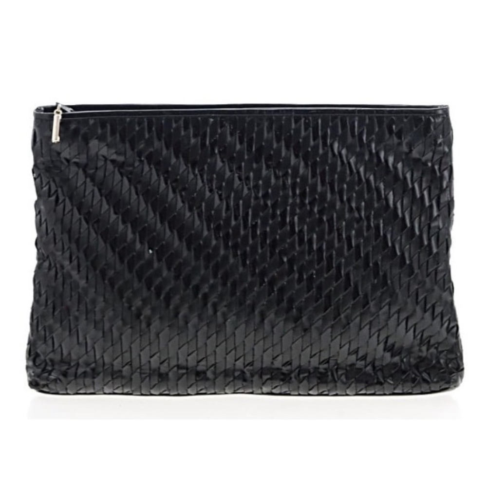Meyers Blk Woven Leather Lg Zip Clutch Pouch Minimalist Intrecciato Style Bag